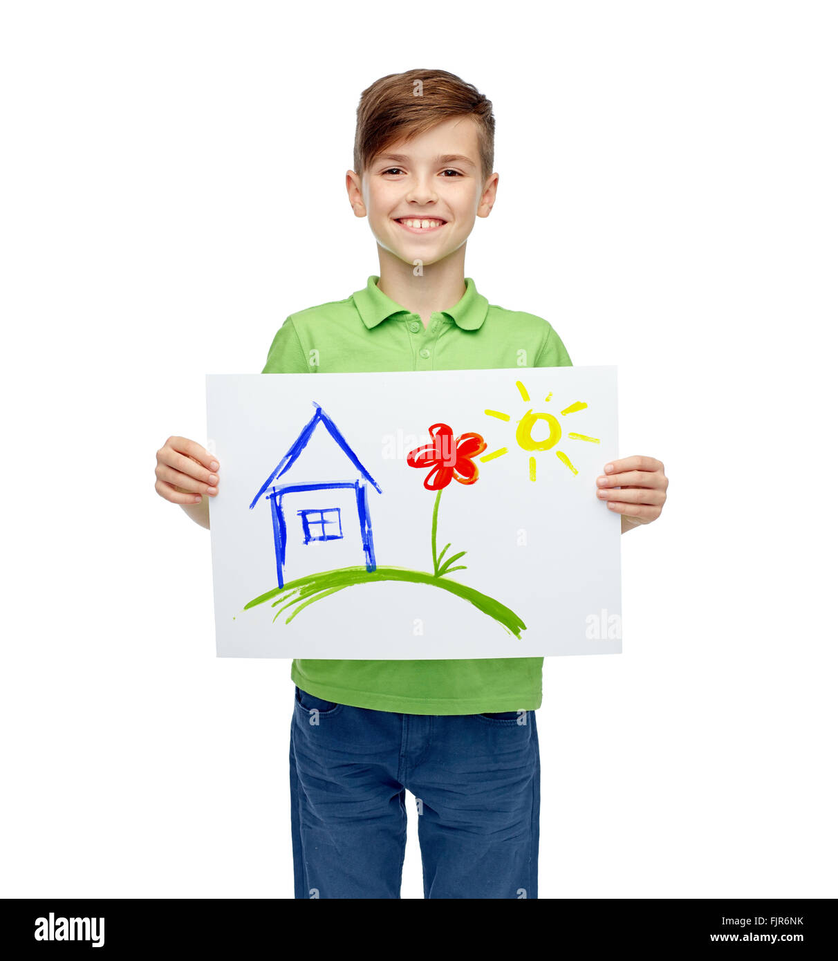 Happy boy holding dessin ou photo d'accueil Banque D'Images