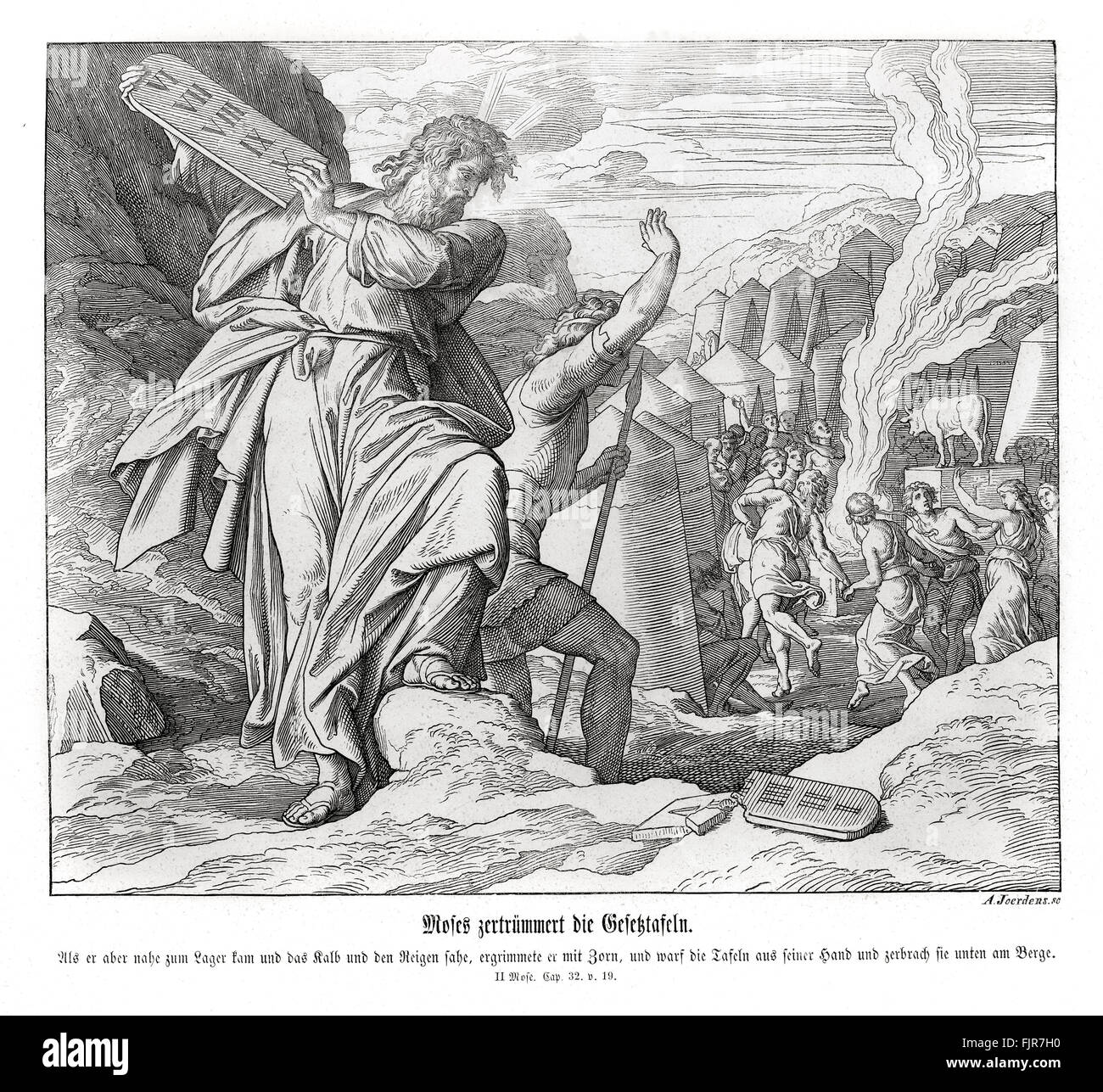 Moïse brise le commandement de comprimés, exode chapitre XXXII le verset 19 : "Et il arriva que, dès qu'il vint près du camp, il vit le veau et les danses, et la colère de Moïse : embrasa, et il jeta de ses mains les tables, et les rompit sous la montagne.' 1852-60 illustration par Julius Schnorr von Carolsfeld Banque D'Images