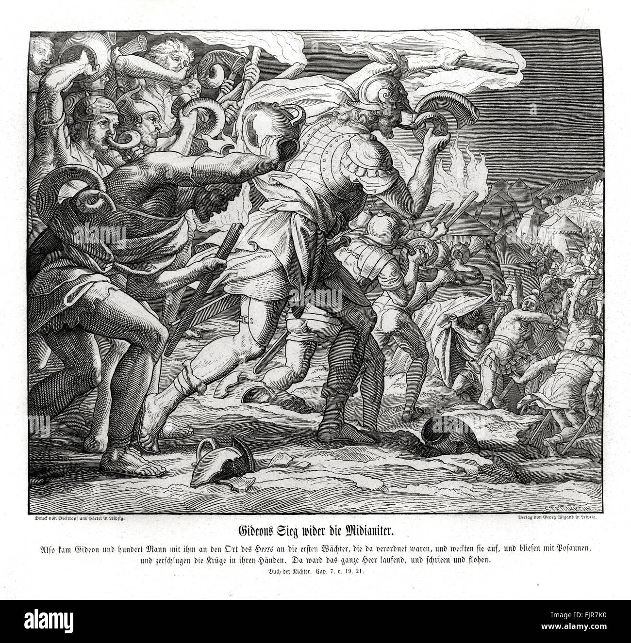 La victoire de Gédéon contre Madian, juges chapitre VII versets 19 - 21 'So Gédéon et les cent hommes qui étaient avec lui, vinrent jusqu'à l'extérieur du camp dans le début de la deuxième veille ; et ils avaient récemment mais régler la montre : et ils sonnaient des trompettes, et les cruches de frein qui étaient entre leurs mains. Et les trois sociétés ont sonné les trompettes, et les cruches de frein, et a tenu les lampes dans leur main gauche, et les trompettes dans leur main droite pour souffler mais : et ils ont crié, l'épée de l'Éternel et de Gédéon. Ils restèrent chacun à sa place autour du camp, et tout le Banque D'Images