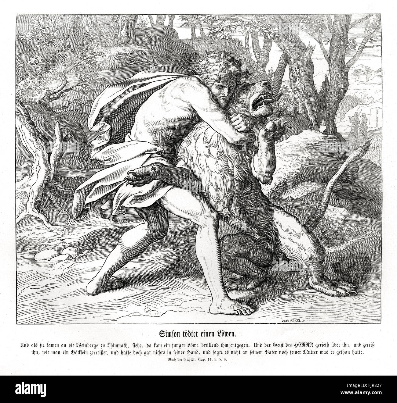 Samson tue un lion, juges Chapitre XIV les versets 5 - 6 'Samson partit vers le bas, et son père et sa mère, à Thimna, et vint à la vignes de Thimna : et voici, un jeune lion rugissant vint à sa rencontre. Et l'esprit de l'Éternel le saisit, et il lui louer comme il l'aurait louer un chevreau, et il n'avait rien dans sa main ; mais il n'en dit rien à son père ou à sa mère ce qu'il avait fait." illustration 1852-60 par Julius Schnorr von Carolsfeld Banque D'Images