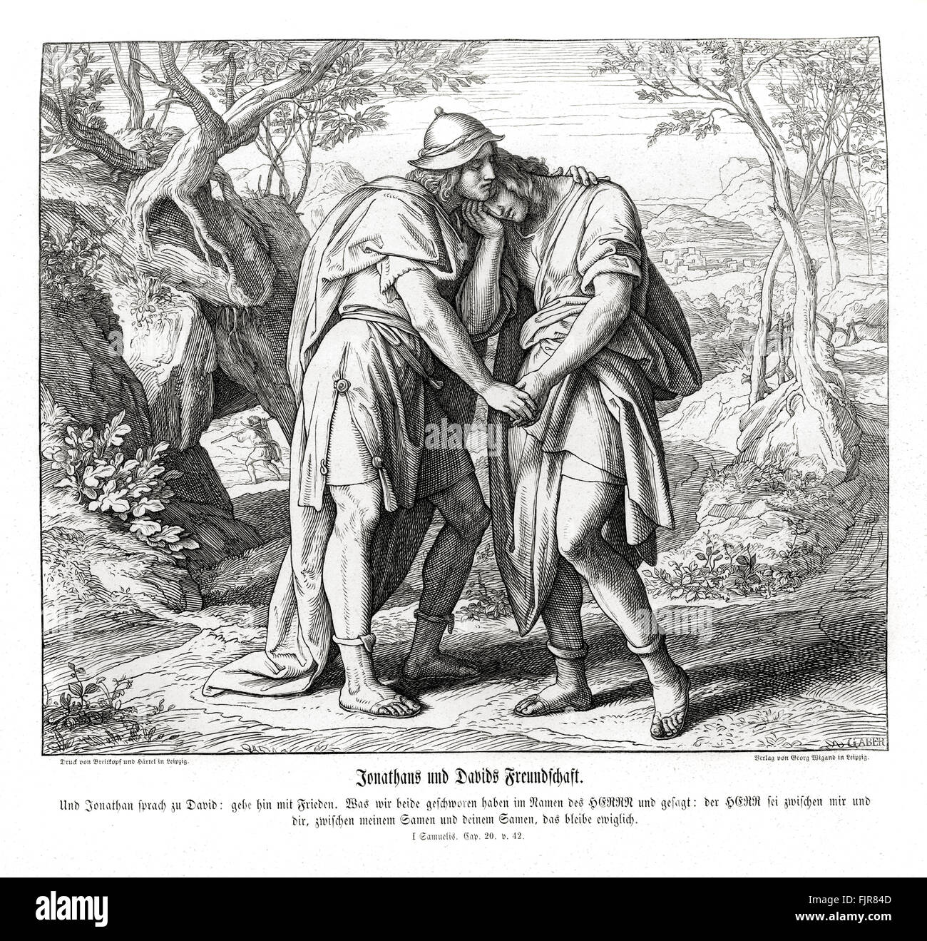 L'amitié de David et Jonathan, 1 Samuel Chapitre 21 verset 42 : "Et Jonathan dit à David : Va en paix, maintenant que nous avons juré l'un au nom de l'Éternel, disant : l'Éternel sera entre moi et toi, et entre ma postérité et ta postérité pour toujours. Et il se leva et s'en alla ; et Jonathan entra dans la ville." illustration 1852-60 par Julius Schnorr von Carolsfeld Banque D'Images