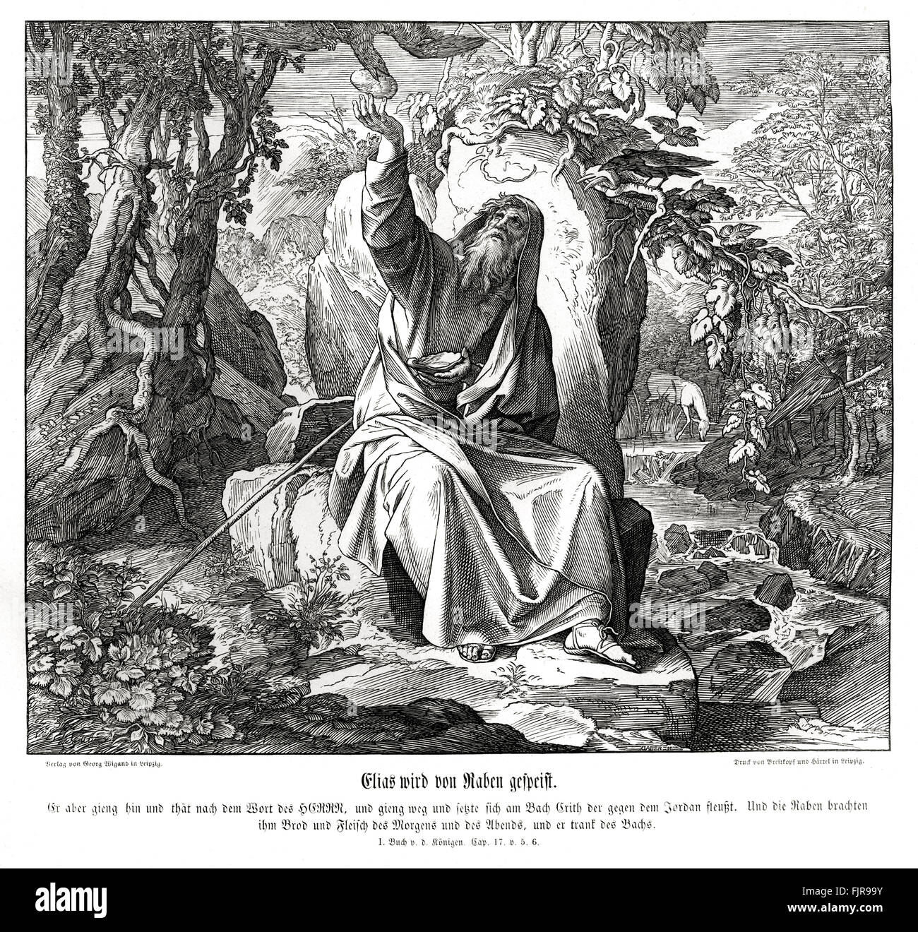 Elie est nourri par les corbeaux, 1 Rois chapitre XVII les versets 5 - 6 'So il s'en alla et fit selon la parole de l'Éternel ; car il allèrent s'établir près du torrent de Kerith, qui est en face de la Jordanie. Et les corbeaux lui apportaient du pain et de la viande le matin, et du pain et de la chair le soir, et il buvait du torrent." illustration 1852-60 par Julius Schnorr von Carolsfeld Banque D'Images