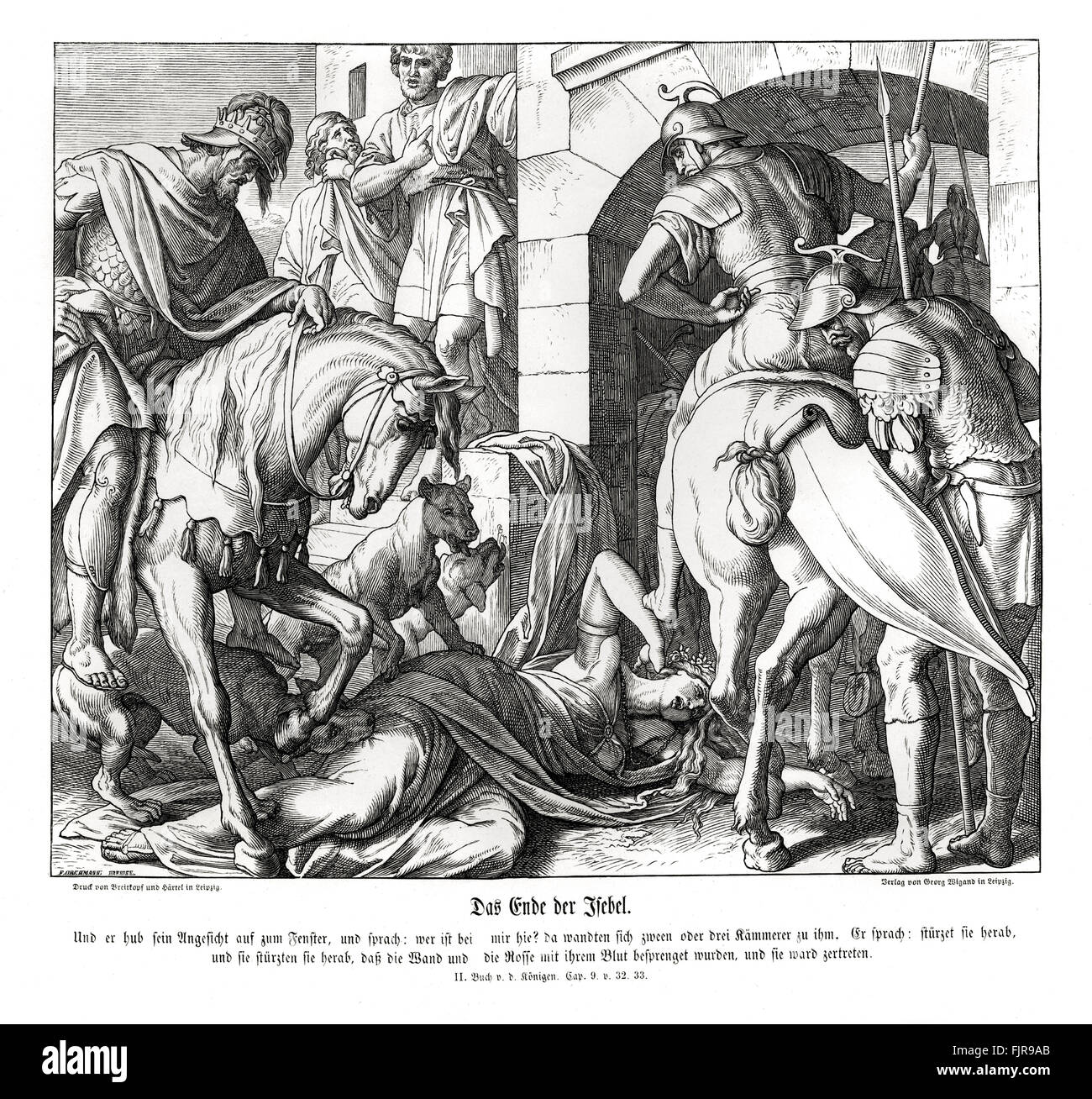 La mort de Jézabel, 2 Rois Chapitre IX versets 32 - 33 'Et il leva sa face vers la fenêtre, et dit : Qui est pour moi ? Qui ? Et il y a deux ou trois eunuques le regardèrent en. Et il dit : Jetez-la en bas. Ils la jetèrent, et il rejaillit de son sang contre la muraille et contre les chevaux : et il trode sous son pied." illustration 1852-60 par Julius Schnorr von Carolsfeld Banque D'Images