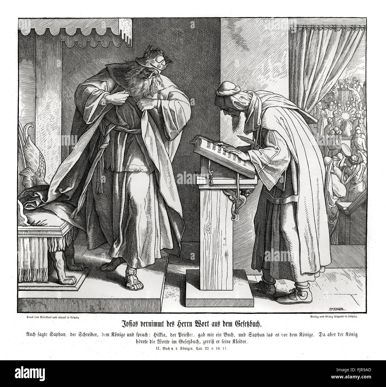 Josias entend le terme de la loi, 2 Rois chapitre XXII versets 10 - 11 'Et Shaphan, le scribe a montré au roi : le sacrificateur Hilkija m'a délivré un livre. Et Shaphan le lut devant le roi. Et il arriva, quand le roi entendit les paroles du livre de la loi, il déchira ses vêtements." illustration 1852-60 par Julius Schnorr von Carolsfeld Banque D'Images