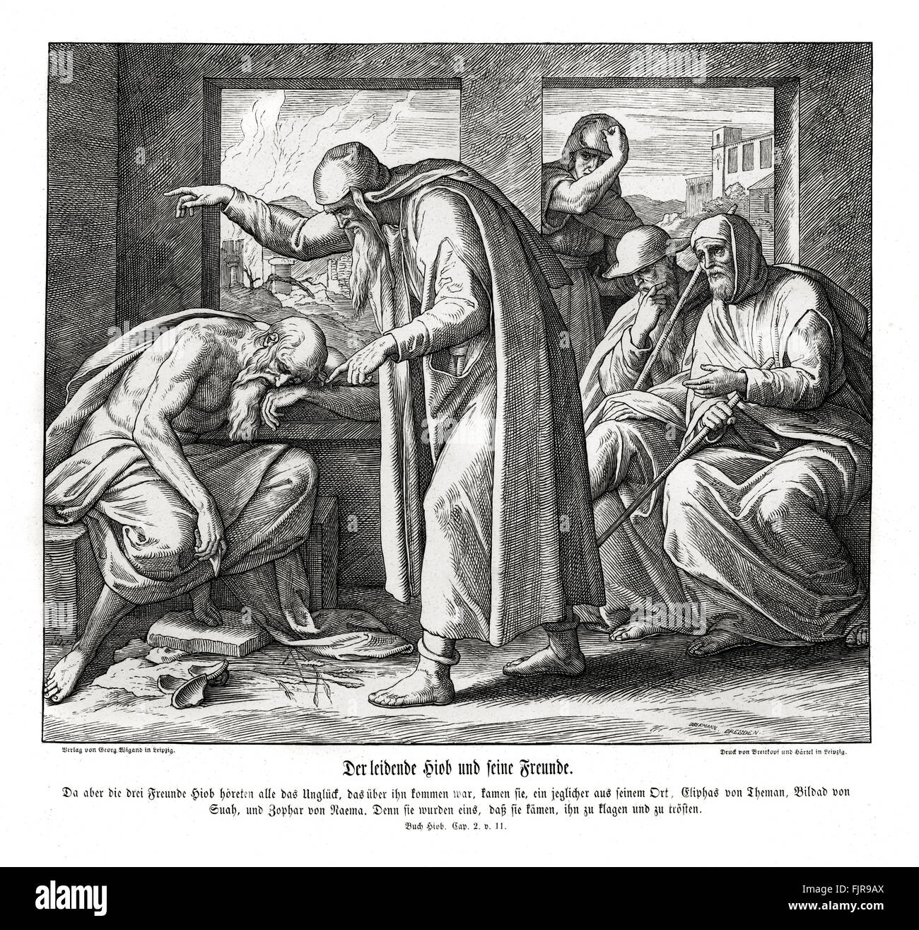 Les amis de Job sont pour le consoler dans sa souffrance, Job CHAPITRE II verset 11 ' Maintenant, lorsque les trois amis de Job a entendu de tout ce mal qui lui était venue sur lui, ils vinrent chacun de son propre lieu, Eliphaz le Thémanite, et Bildad le Shukhite, et Tsophar le Naamathite : car on avait fait un rendez-vous ensemble pour venir à pleurer avec lui et de le consoler." illustration 1852-60 par Julius Schnorr von Carolsfeld Banque D'Images