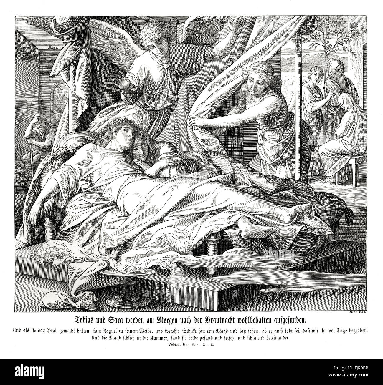 Tobie et Sarah sont trouvés en sécurité après leur nuit de noces, Tobit chapitre VIII les versets 13 - 15 'et quand ils avaient préparé la fosse, Raguel revint à sa femme, et lui dit : envoyer l'une de tes servantes, et qu'elle voir s'il est mort, que je puisse l'enterrer avant qu'il soit jour. Elle a donc envoyé un de ses servantes, qui est entrée dans la chambre, et les trouva sains et saufs, dormir tous les deux ensemble." illustration 1852-60 par Julius Schnorr von Carolsfeld Banque D'Images