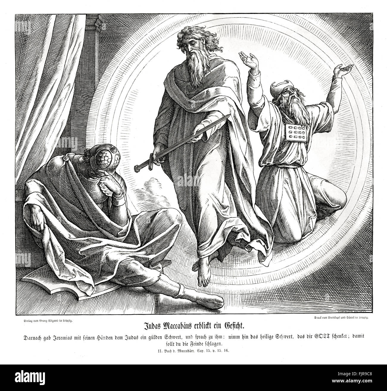 Le Judas Macchabée reçoit une épée d'or, 2 Maccabées Chapitre XV les versets 15 - 16 'Quoi Jeremias étendit sa main droite, et a donné à Judas une épée d'or, en disant : Prenez cette sainte épée un don de Dieu, avec laquelle tu feras renverser les adversaires de mon peuple Israël." illustration 1852-60 par Julius Schnorr von Carolsfeld Banque D'Images