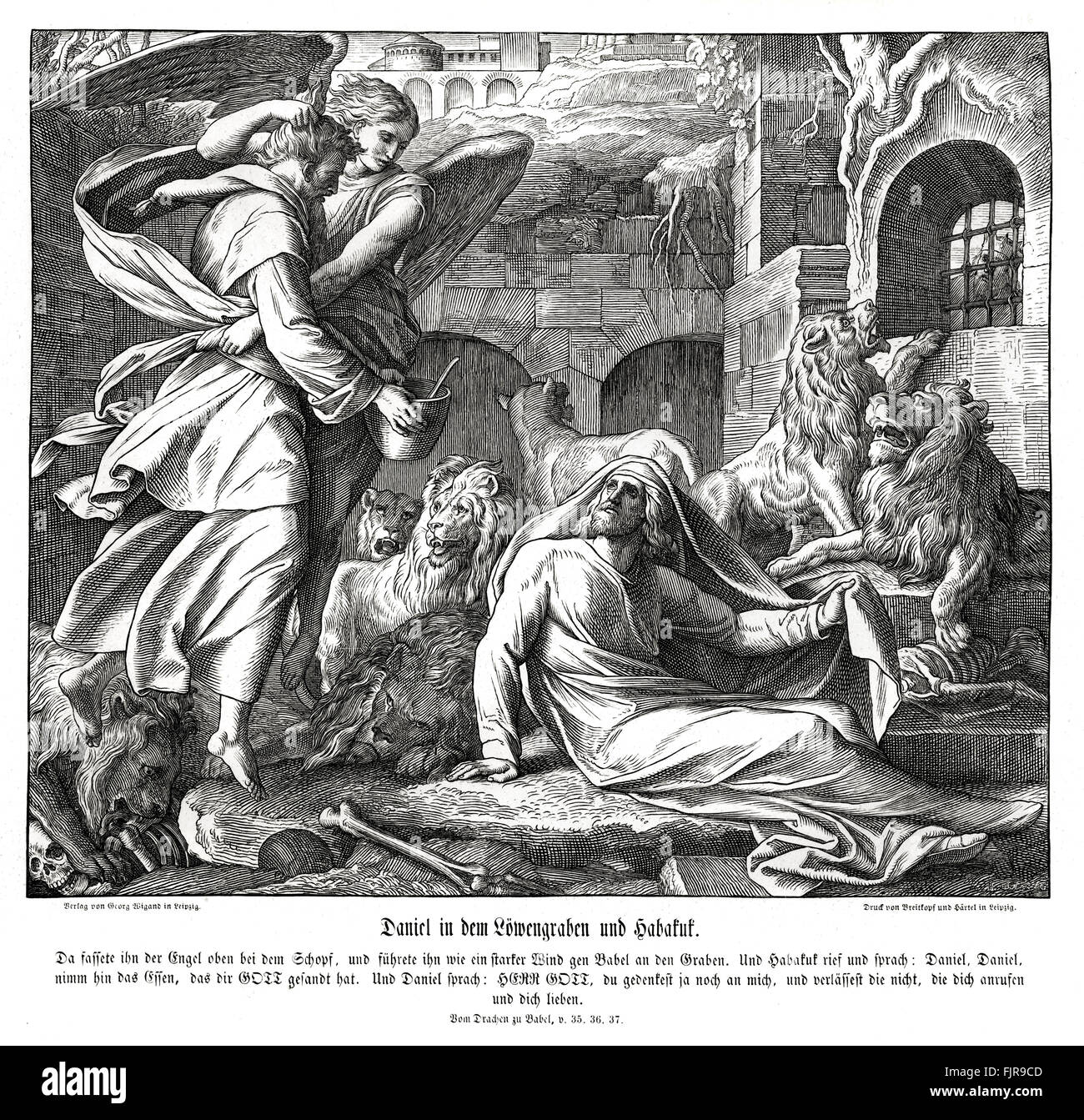 Daniel dans la fosse aux lions et Habacuc, Daniel chapitre XIV et Bel et le Dragon, 1852-60 illustration par Julius Schnorr von Carolsfeld Banque D'Images