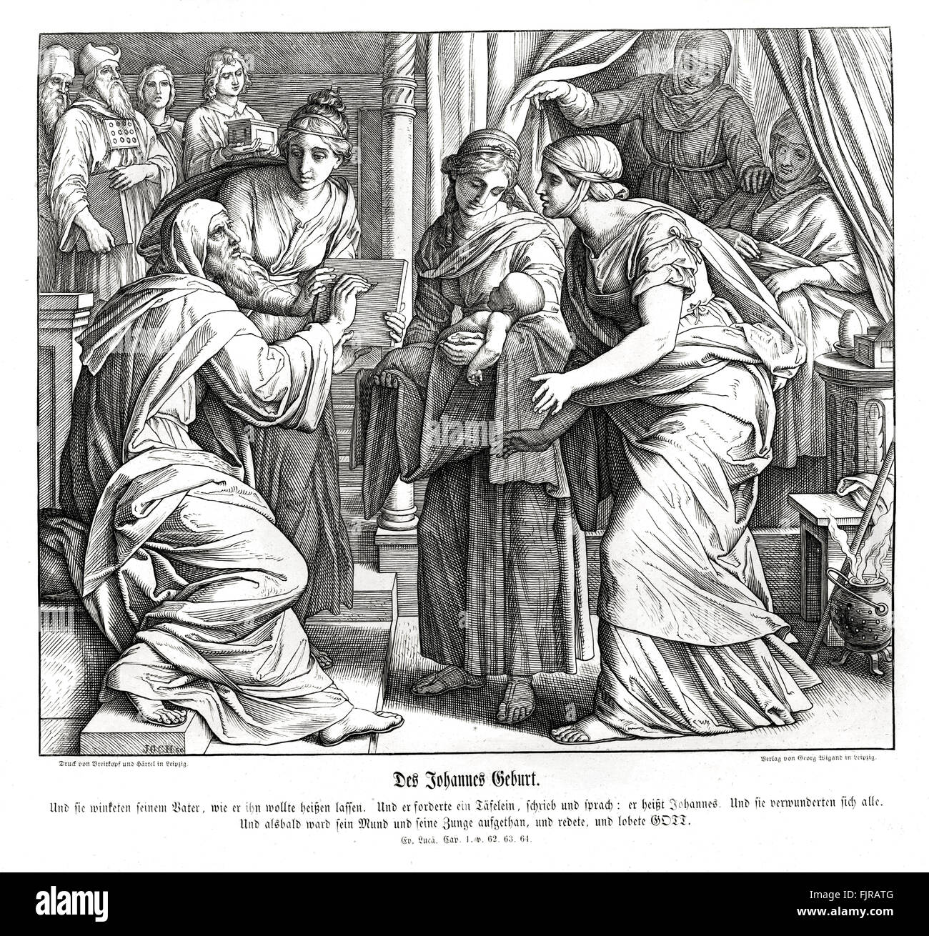 Naissance de Jean, l'Évangile de Luc Chapitre 62 versets J - 64 "Et ils firent des signes à son père, comment il voulait qu'on l'appelle. Et il a demandé une table à écrire, et a écrit, en disant : Jean est son nom. Et ils s'émerveillait tous." illustration 1852-60 par Julius Schnorr von Carolsfeld Banque D'Images