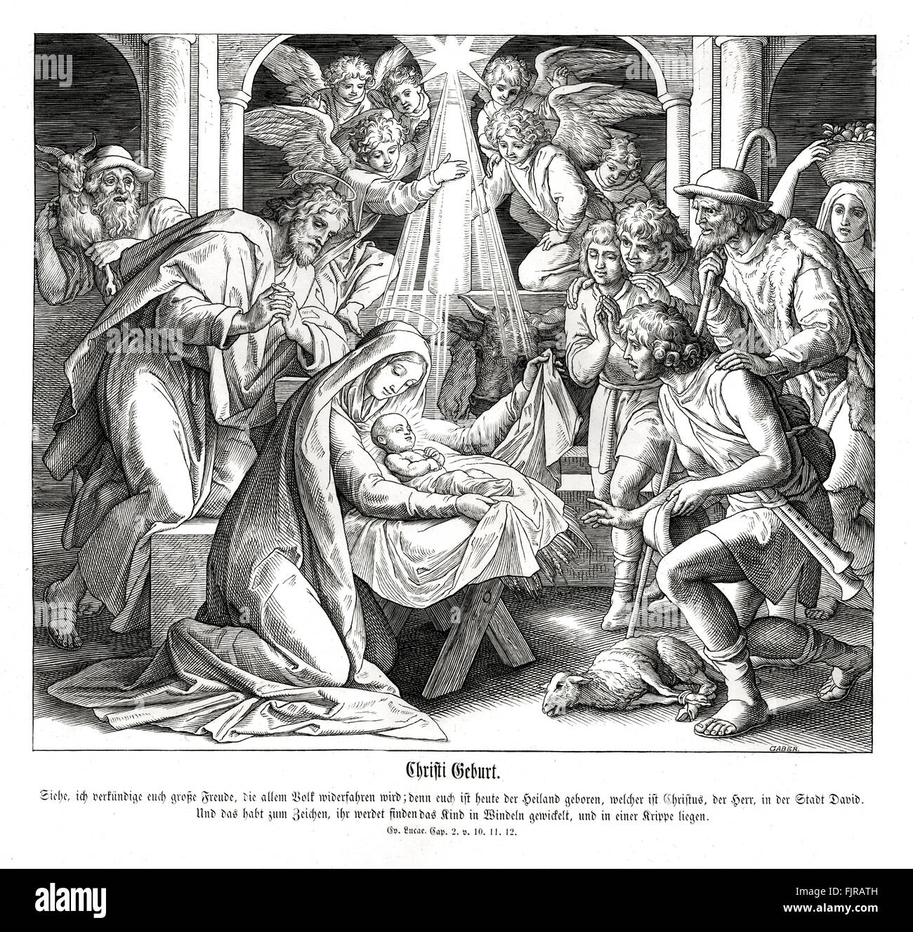 Nativité, évangile de Luc CHAPITRE II versets 10 - 12 'jusqu'à ce jour vous est né dans la ville de David un Sauveur, qui est le Christ Seigneur. Et ceci sera un signe pour vous le reconnaîtrez : vous trouverez un nouveau-né emmailloté et couché dans une crèche." illustration 1852-60 par Julius Schnorr von Carolsfeld Banque D'Images