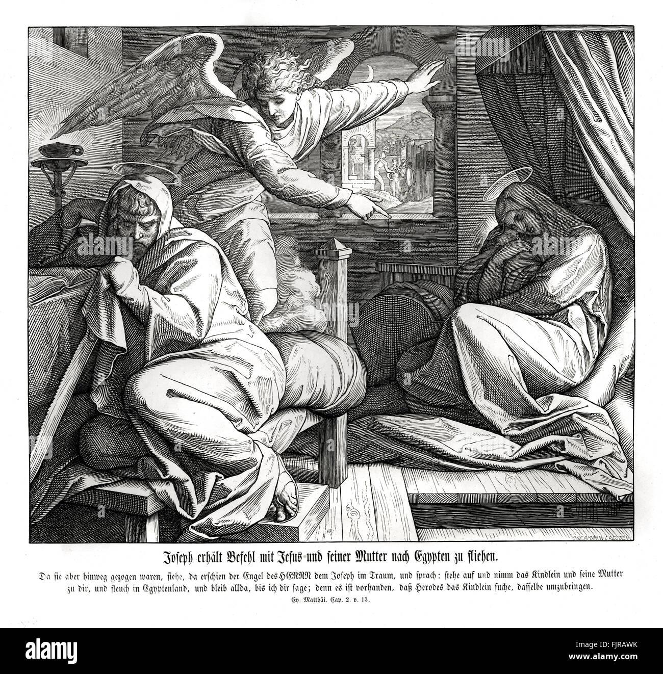 Joseph est averti de fuir le roi Hérode pour l'Égypte, l'Évangile de Matthieu chapitre II, verset 13 "L'ange du Seigneur lui apparut en songe à Joseph, disant : Lève-toi, prends le petit enfant et sa mère, et fuis en Égypte, et sois là jusqu'à ce que je te ferai mot : car Hérode cherchera le petit enfant pour le détruire." illustration 1852-60 par Julius Schnorr von Carolsfeld Banque D'Images