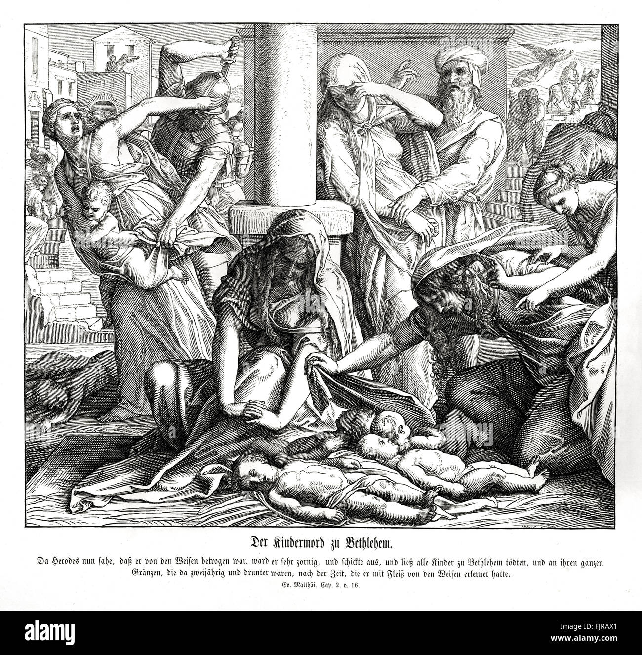 Hérode tue les enfants de Bethléem, l'Évangile de Matthieu chapitre II, verset 14 - 16 'Alors Hérode, voyant qu'il a été raillé des sages, a été de plus irrité, et lâcha, et tuèrent tous les enfants qui étaient dans Bethléhem et dans tout le territoire de celle-ci, à partir de deux ans et moins, selon le temps qu'il avait demandé avec diligence des sages." illustration 1852-60 par Julius Schnorr von Carolsfeld Banque D'Images