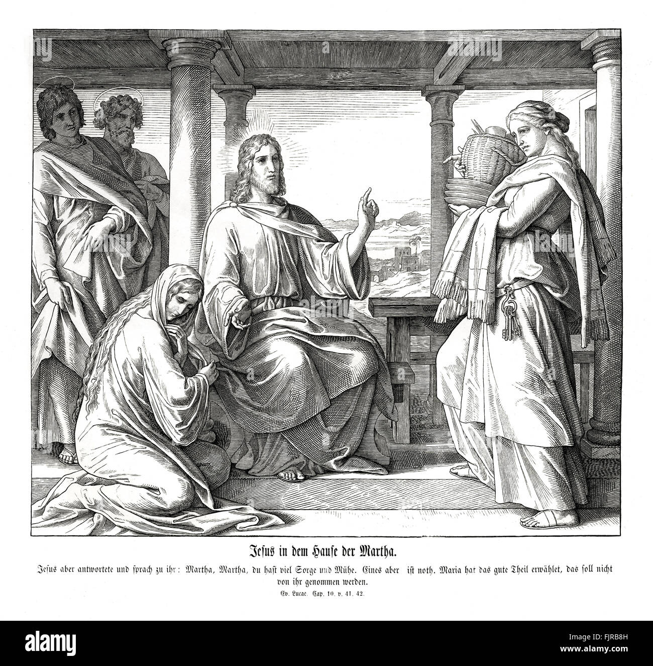 Jésus dans la maison de Martha, l'Évangile de Luc Chapitre 10 versets 41 - 42 "Et Jésus lui répondit : Marthe, Marthe, tu es prudent et tu t'agites pour beaucoup de choses : Mais une chose est nécessaire ; et Marie a choisi la bonne part, qui ne doit pas être enlevé." illustration 1852-60 par Julius Schnorr von Carolsfeld Banque D'Images