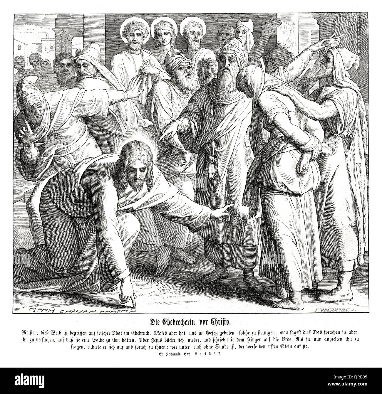 Jésus et la femme adultère, l'Évangile de Jean chapitre VIII les versets 4 - 7 ' Moïse, dans la loi, nous a ordonné de lapider de telles femmes : toi donc, que dis-tu ?... quand ils continuaient à l'interroger, il se releva et leur dit : Que celui de vous qui est sans péché jette le premier la pierre contre elle." illustration 1852-60 par Julius Schnorr von Carolsfeld Banque D'Images