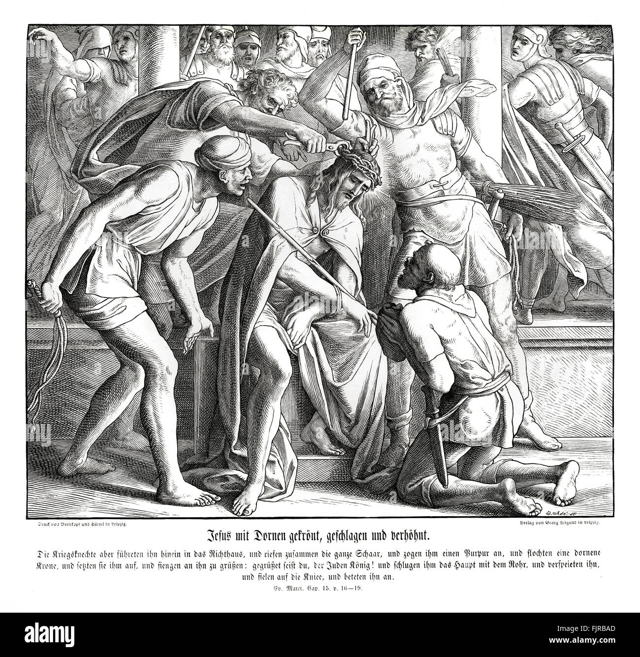 Jésus est donné une couronne d'épines, l'Évangile de Marc Chapitre XV versets 16 - 19 'et les soldats l'emmenèrent dans le hall, appelé prétoire ; et ils appellent ensemble la totalité de la bande. Et ils lui mirent des pourpre et un chormé couronne d'épines, et le mettre sur sa tête, et a commencé à le saluer, Salut, roi des Juifs ! Et ils le frappèrent à la tête avec un roseau, et n'a craché sur lui, et s'inclinant leurs genoux se prosterner devant lui." illustration 1852-60 par Julius Schnorr von Carolsfeld Banque D'Images