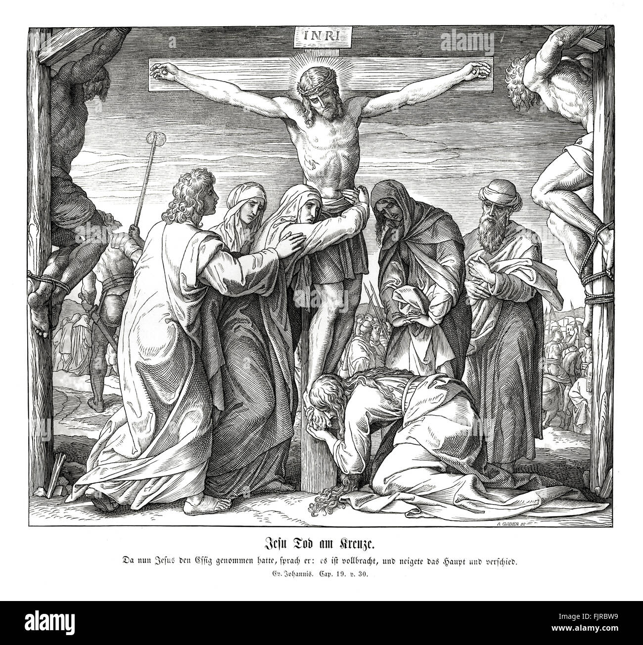 Mort de Jésus sur la croix, l'Évangile de Jean chapitre XIX verset 30 "Quand Jésus eut pris le vinaigre, il dit, c'est terminé : Et, baissant la tête, il rendit l'esprit." illustration 1852-60 par Julius Schnorr von Carolsfeld Banque D'Images