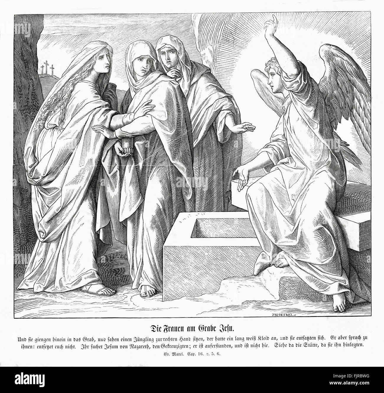 Les femmes au tombeau de Jésus, l'Évangile de Marc Chapitre XVI versets 5 - 6 'et entrer dans le sépulcre, elles virent un jeune homme assis du côté droit, vêtu d'un long vêtement blanc ; et ils furent effrayés. Et il leur dit : ne pas être effrayé : vous cherchez Jésus de Nazareth, qui a été crucifié ; il est ressuscité." illustration 1852-60 par Julius Schnorr von Carolsfeld Banque D'Images