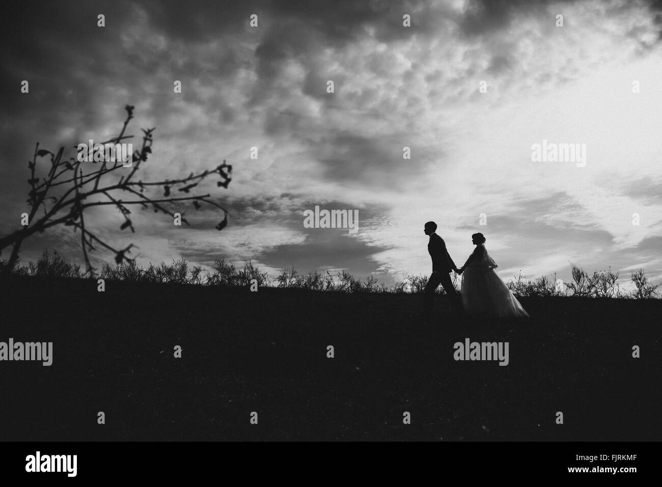 Silhouettes de jeunes mariés sur le fond de ciel Banque D'Images