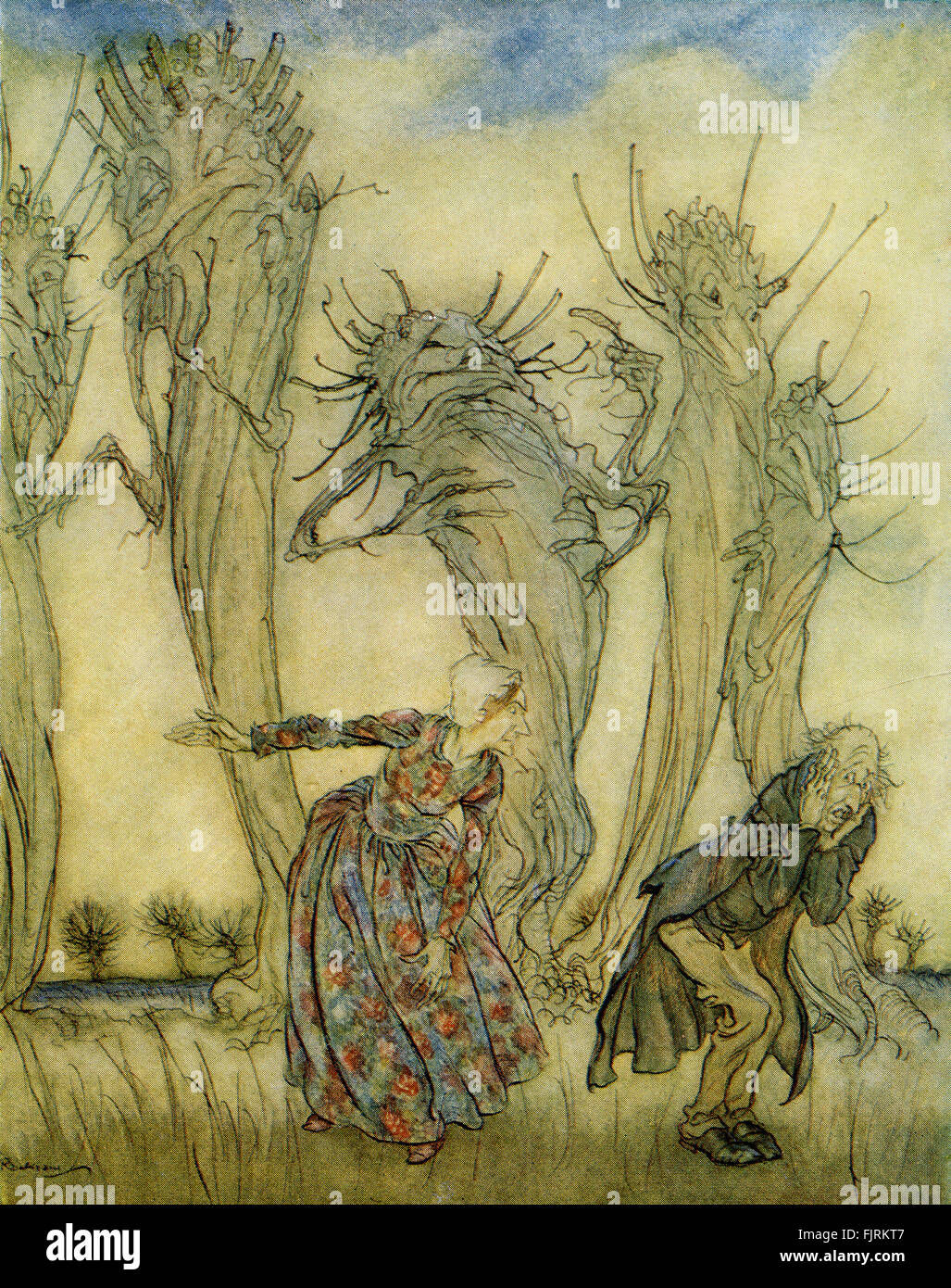 L'histoire de Mr et Mme vinaigre qui vivaient dans un pot de cornichons, anglais conte de fées. Mme M. gronde vinaigre vinaigre pour troquer ses affaires. Illustration par Arthur Rackham (1867 - 1939) Banque D'Images