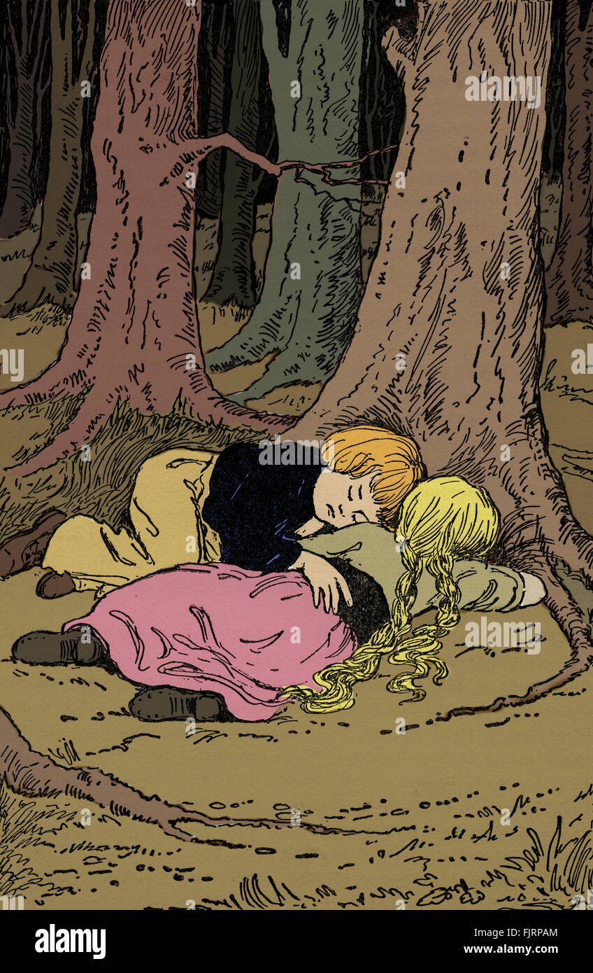 Hansel et Gretel s'endormir dans les bois. Par les frères Grimm, d'abord publié 1812 Banque D'Images