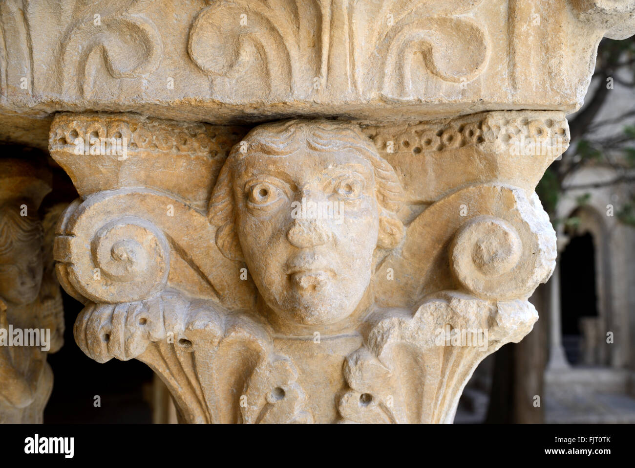 Capitale romane ou Sculpture d'un visage dans le Cloître de l'église de Saint Trophime Arles Provence France Banque D'Images