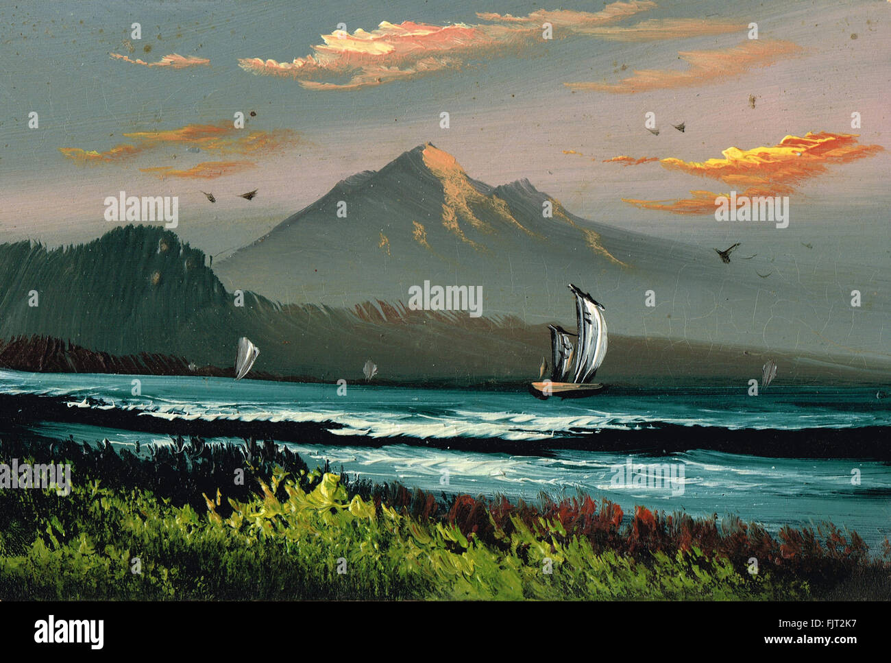 Carte postale panoramique japonais peint à la main. Circa 1900-1910 Banque D'Images