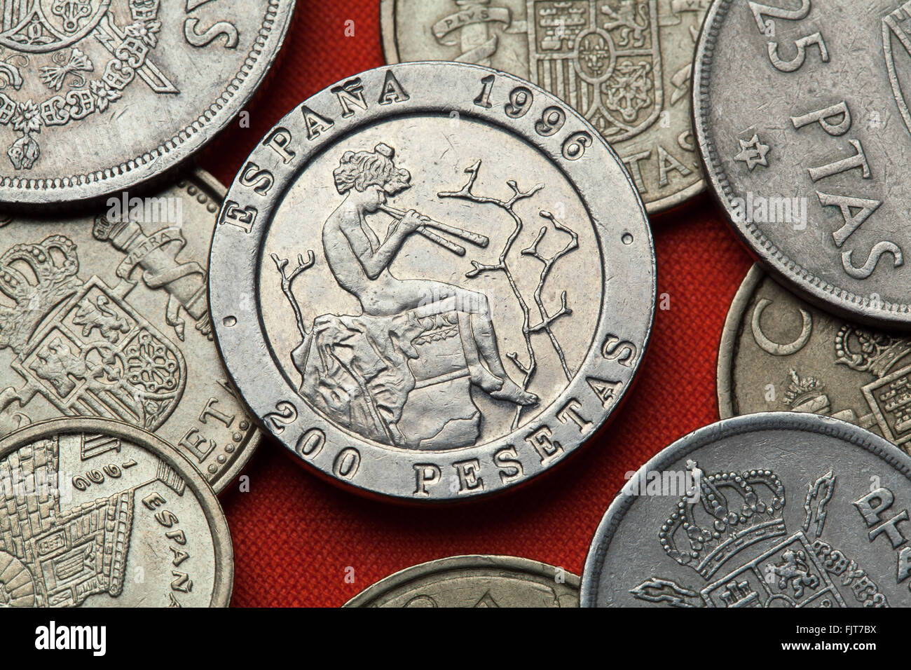 Coins de l'Espagne. 200 pièce commémorative espagnole peseta (1996) dédié à peintre romantique Espagnol Mariano Fortuny. Banque D'Images