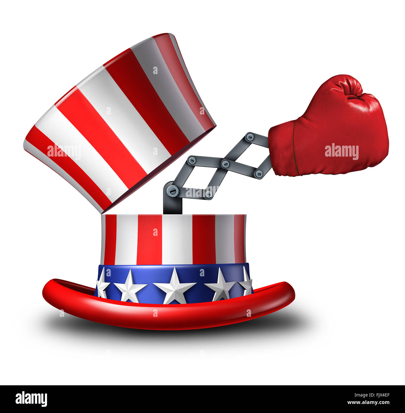 Élections américaines, lutte et stratégie politique concept pour faire  campagne pour voix en tant qu'oncle Sam ouvert top hat décoré avec le  drapeau des États-Unis et un gant de boxe surprise émergeant