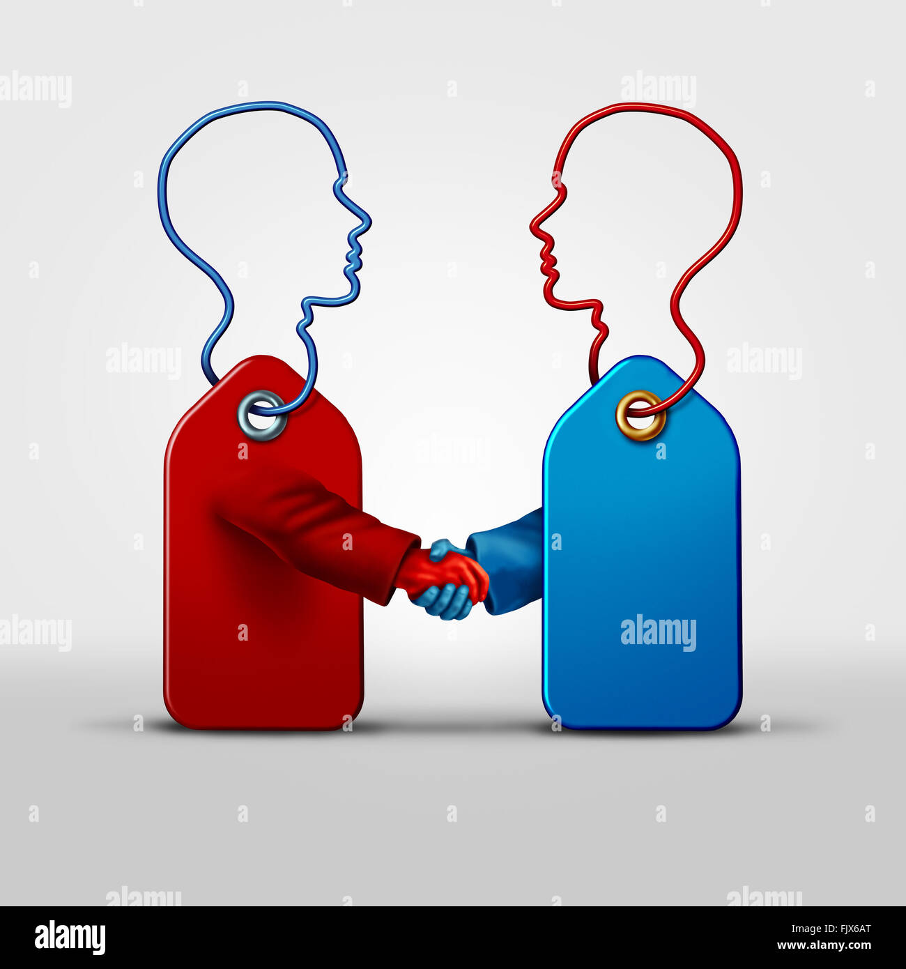 La fixation des prix et de l'accord d'entreprise concept de collusion que deux objets : tagg façonné comme un humain comme un symbole pour faire face prix secret se rassembler dans une poignée de main comme une métaphore pour les pratiques trompeuses. Banque D'Images