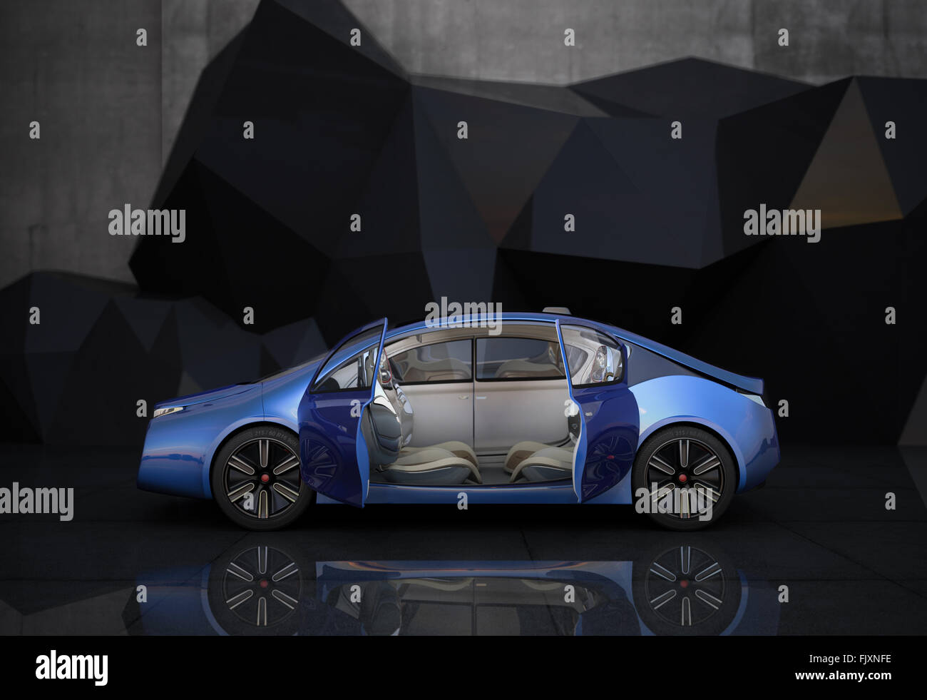 Vue latérale d'autonome bleu voiture en face de l'objet géométrique background Banque D'Images