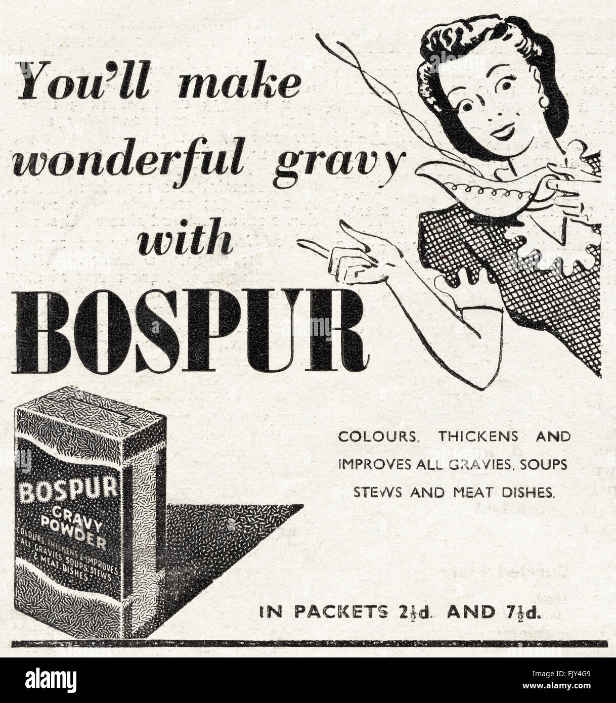 Vintage Original advert à partir de 1940. Publicité Publicité BOSPUR datée 1947 sauce en poudre. Banque D'Images