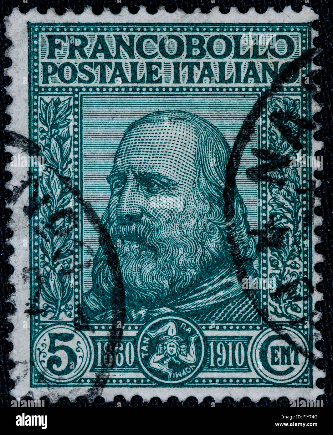 1910 - les vieux stamp utilisé du Royaume d'Italie Garibaldi effige - 5 ch. Banque D'Images