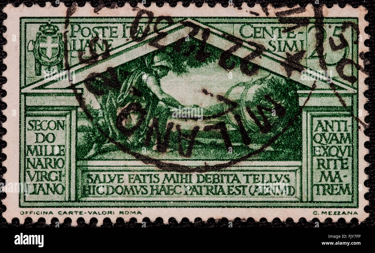 Le deuxième millénaire de la vie de Virgile, dans la période de la Rome antique, représenté dans un timbre du Royaume d'Italie de 25 cents Banque D'Images