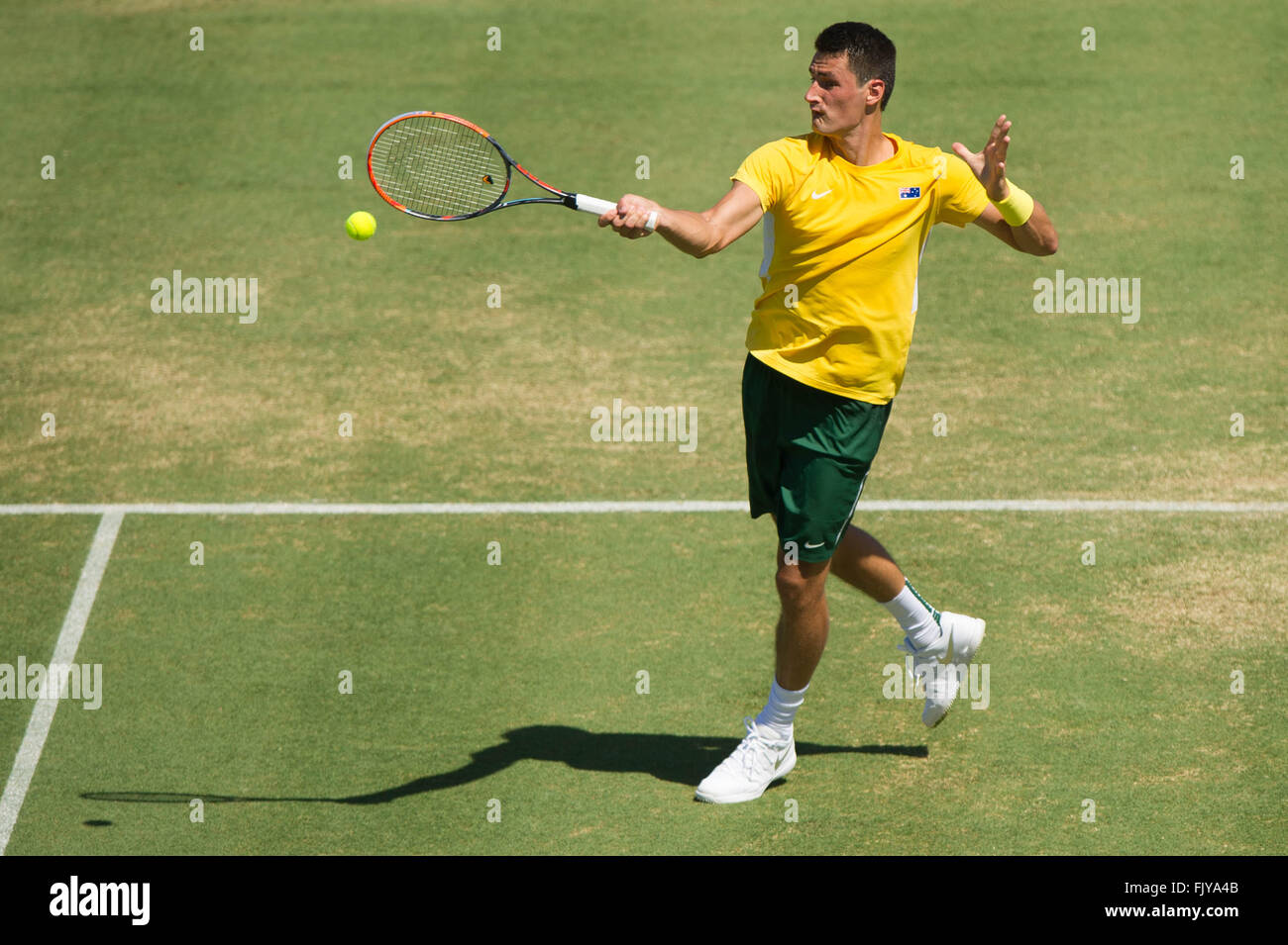 Melbourne, Australie. 4e Mar, 2016. Bernard Tomic d'Australie retourne la balle durant son match contre simple hommes Jack Sock des États-Unis au cours de Coupe Davis par BNP Paribas Groupe mondial de premier tour entre l'Australie et USA à Kooyong Lawn Tennis Club à Melbourne, Australie, 4 mars 2016. Bernard Tomic a gagné 3-1. © Bai Xue/Xinhua/Alamy Live News Banque D'Images
