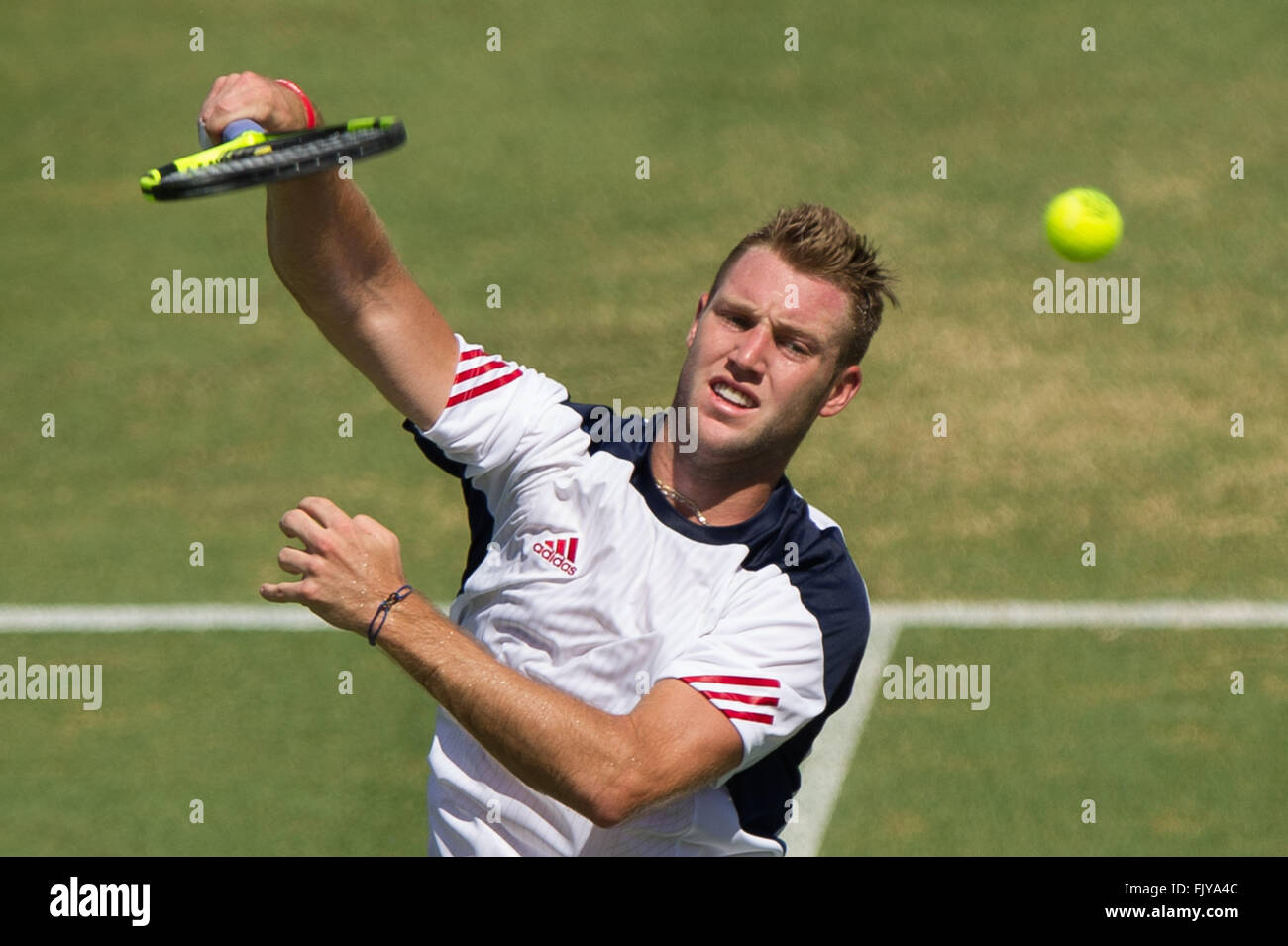 Melbourne, Australie. 4e Mar, 2016. Jack Sock des États-Unis renvoie la balle durant son match contre simple hommes Bernard Tomic de l'Australie pendant la Coupe Davis par BNP Paribas Groupe mondial de premier tour entre l'Australie et USA à Kooyong Lawn Tennis Club à Melbourne, Australie, 4 mars 2016. Jack Sock perd le match 1-3. © Bai Xue/Xinhua/Alamy Live News Banque D'Images