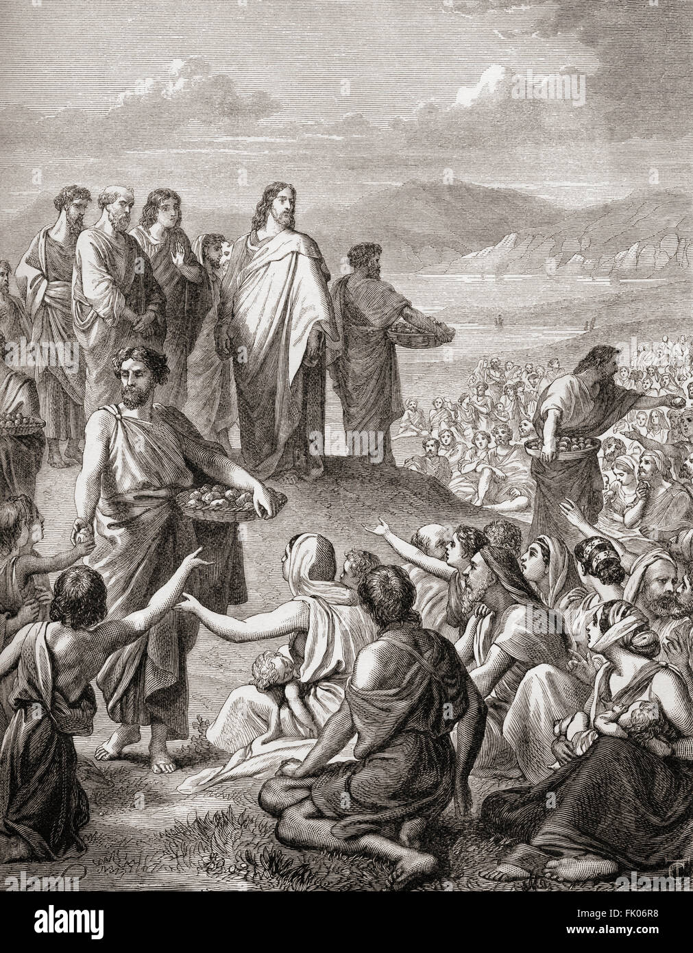Nourrir la multitude de Jésus. Le miracle des cinq pains et des deux poissons, ou peut-être le miracle de les sept pains et les poissons. Des Évangiles, le Nouveau Testament. Banque D'Images