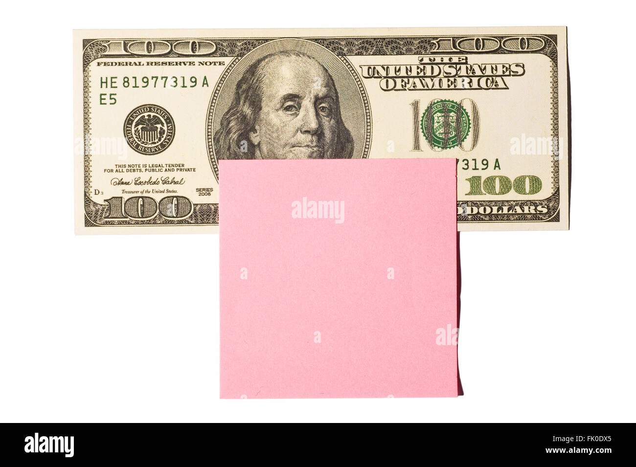 Hundred Dollar Bill avec Post-it Rose Banque D'Images