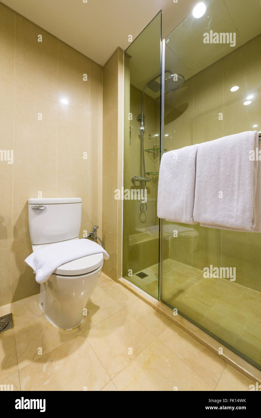 Des toilettes propres avec salle de bains avec douche et des serviettes propres. Banque D'Images