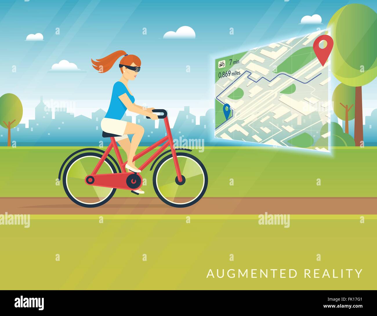 Young woman riding a bike et voyant sur la piste cyclable de réalité augmentée mobile site Illustration de Vecteur