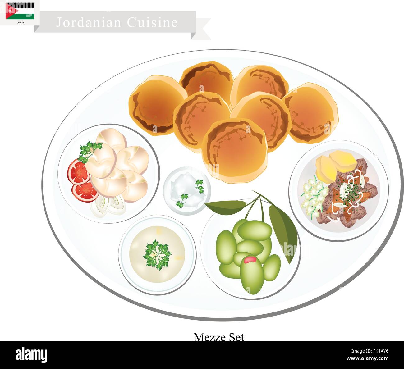 La cuisine jordanienne, Mezze ou sélection de petits plats que des hors-d'œuvre avant le plat principal. L'un des plus populaires lave en Jordanie. Illustration de Vecteur
