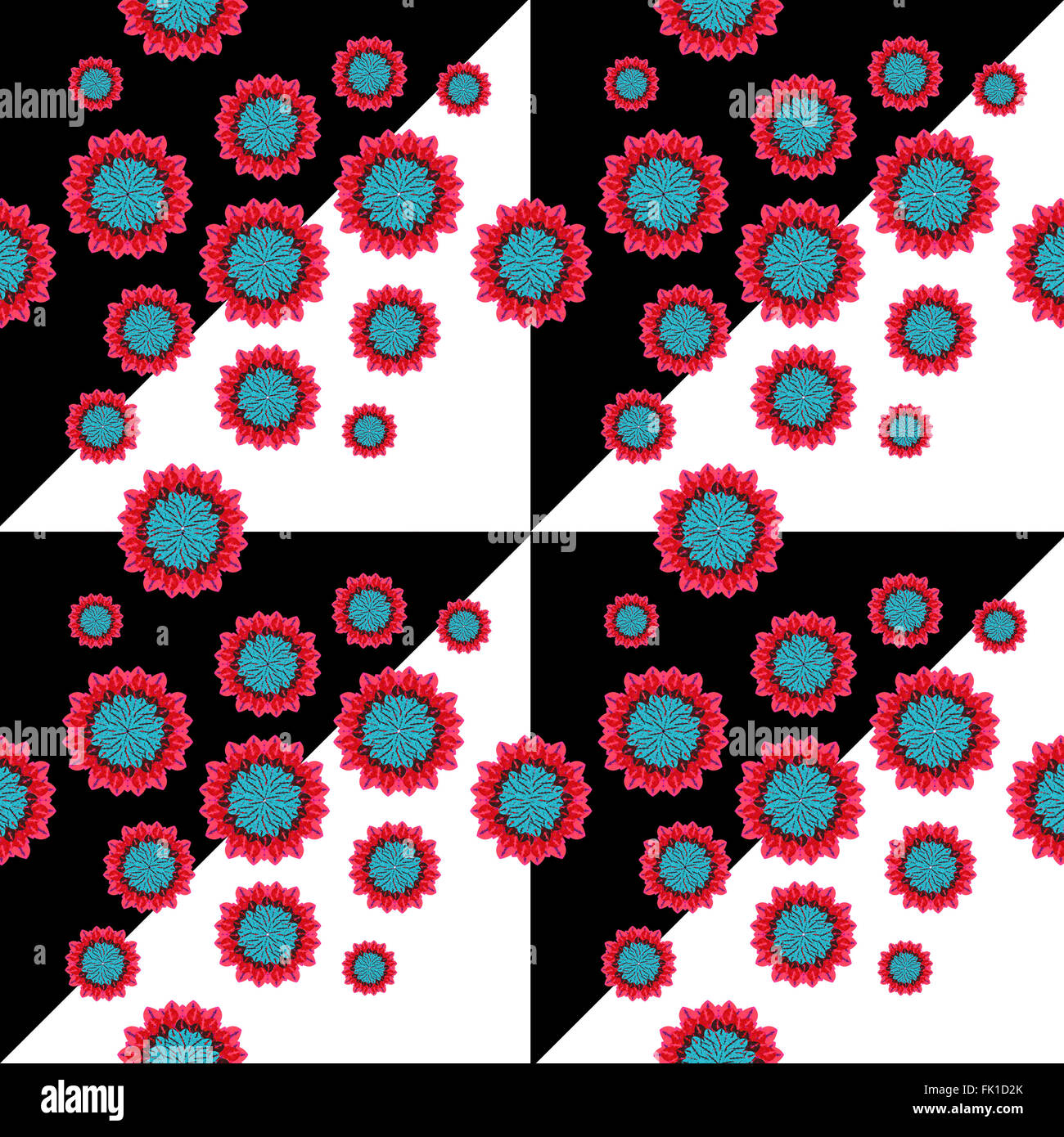 Motif de fond transparent géométrique avec des fleurs stylisées et motifs triangles en noir et blanc. Banque D'Images