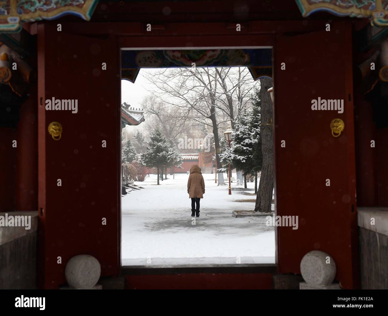 Harbin, Chine, province de Heilongjiang. 5e Mar, 2016. Une merveilles touristiques à travers l' Confucius Temple pendant une chute de neige dans la région de Harbin, capitale de la province du nord-est de la Chine, le 5 mars 2016. Chute de neige au printemps a marqué un symbole de bon augure dans la culture chinoise de prévoir une année avec bonne récolte. © Wang Kai/Xinhua/Alamy Live News Banque D'Images