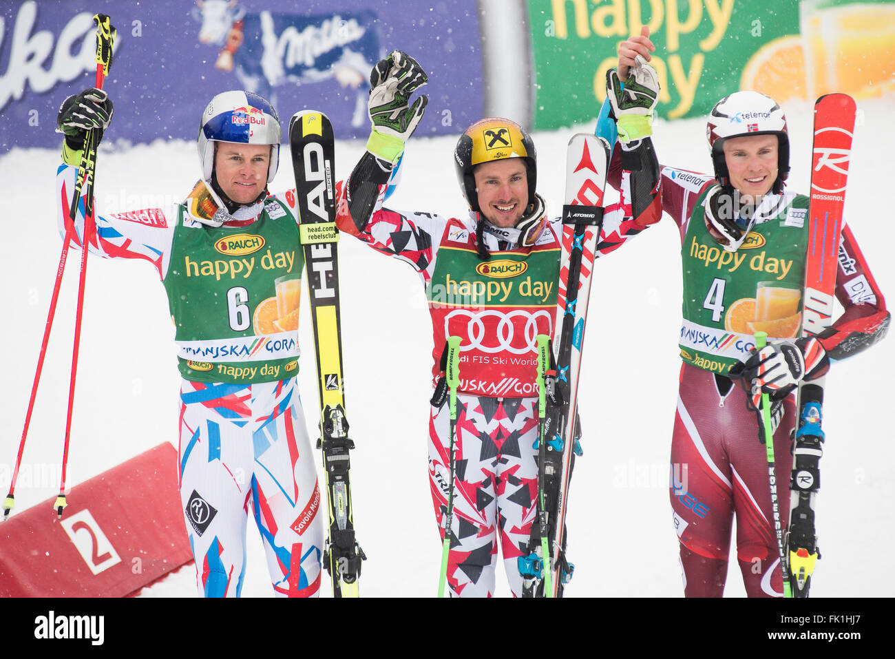 Kranjska Gora, Slovénie. Le 05 Mar, 2016. Gagnants de la 55e Coupe Vitranc Slalom Géant à Kranjska Gora, Slovénie. De gauche : Alexis Pinturault de France, d'Autriche et Marcel Hirscher Henrik Kristoffersen de Norvège. De l'Autriche Marcel Hirscher remporte la 55e Coupe Vitranc course de slalom géant à Kranjska Gora, Slovénie avec le temps 2:12,58, Alexis Pinturault a été deuxième de France avec le temps 2:13.11 ( 0,53) et la troisième a été Henrik Kristoffersen de Norvège avec le temps 2:14.17 ( 1,59). Credit : Rok Rakun/Pacific Press/Alamy Live News Banque D'Images
