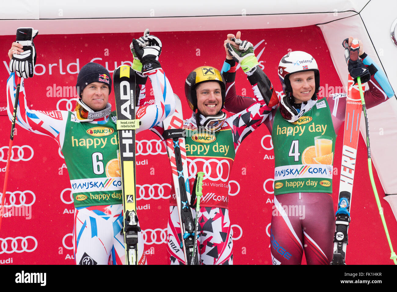 Kranjska Gora, Slovénie. Le 05 Mar, 2016. Gagnants de la 55e Coupe Vitranc Slalom Géant à Kranjska Gora, Slovénie. De gauche : Alexis Pinturault de France, d'Autriche et Marcel Hirscher Henrik Kristoffersen de Norvège. De l'Autriche Marcel Hirscher remporte la 55e Coupe Vitranc course de slalom géant à Kranjska Gora, Slovénie avec le temps 2:12,58, Alexis Pinturault a été deuxième de France avec le temps 2:13.11 ( 0,53) et la troisième a été Henrik Kristoffersen de Norvège avec le temps 2:14.17 ( 1,59). Credit : Rok Rakun/Pacific Press/Alamy Live News Banque D'Images
