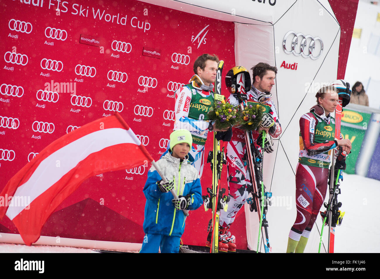 Kranjska Gora, Slovénie. Le 05 Mar, 2016. Gagnants de la 55e Coupe Vitranc Slalom Géant à Kranjska Gora, Slovénie. De gauche : Alexis Pinturault de France, d'Autriche et Marcel Hirscher Henrik Kristoffersen de Norvège. De l'Autriche Marcel Hirscher remporte la 55e Coupe Vitranc course de slalom géant à Kranjska Gora, Slovénie avec le temps 2:12,58, Alexis Pinturault a été deuxième de France avec le temps 2:13.11 ( 0,53) et la troisième a été Henrik Kristoffersen de Norvège avec le temps 2:14.17 ( 1,59). Credit : Rok Rakun/Pacific Press/Alamy Live News Banque D'Images