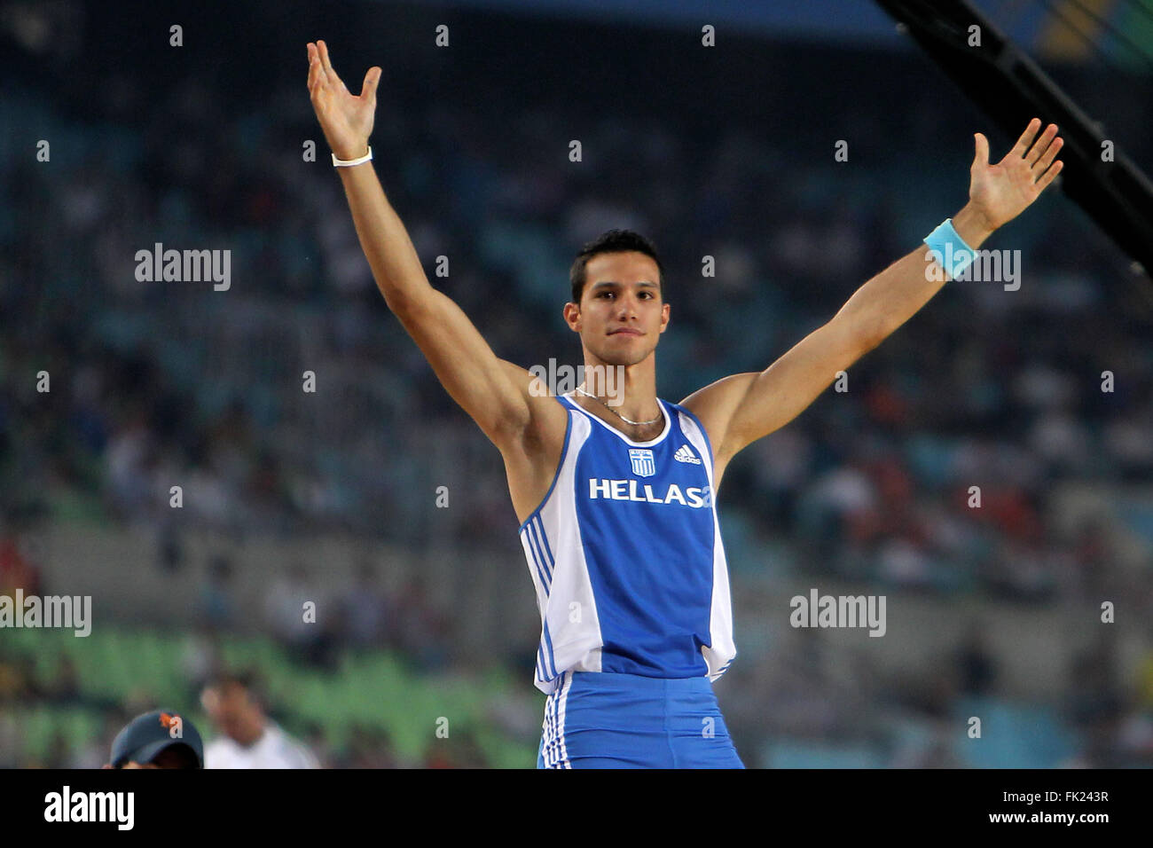 À la perche. Kostas Filippidis (GRE) à l'es Championnats du monde d'athlétisme de Daegu,,2011. Banque D'Images