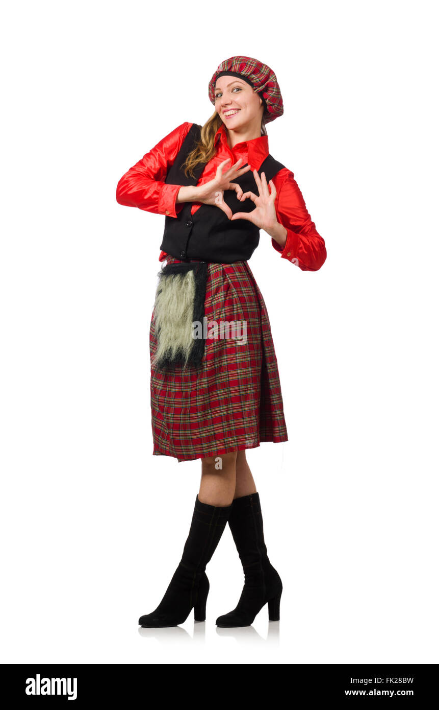 Femme drôle en vêtements écossais on white Banque D'Images