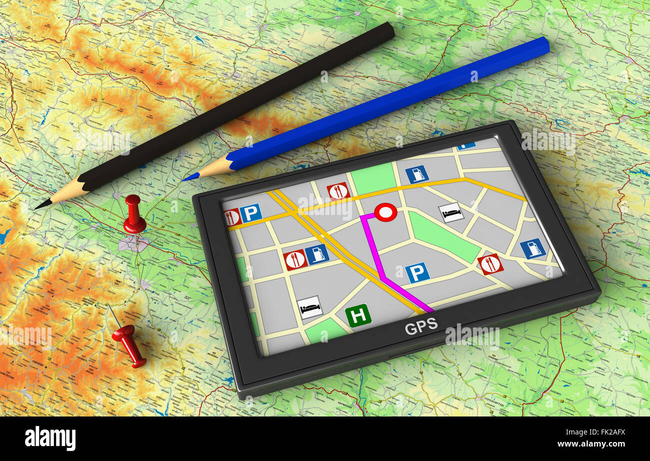 Le rendu 3D de l'appareil de navigation GPS sur fond de carte Banque D'Images