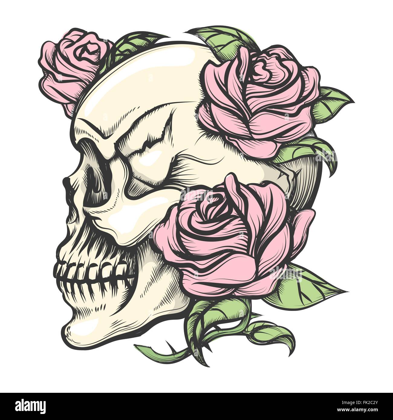 Crâne humain avec des roses dessiné dans le style de tatouage. Isolé sur blanc. Illustration de Vecteur