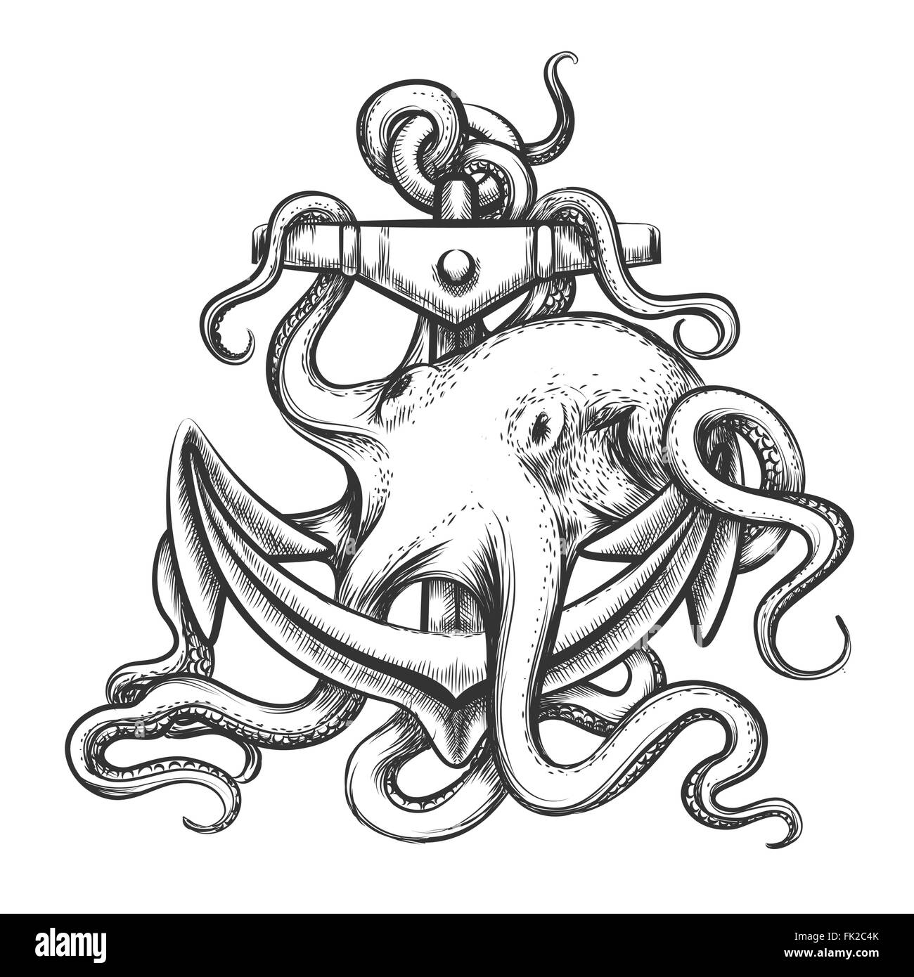 Le poulpe avec une ancre dessiné dans le style de tatouage. Isolé sur blanc. Illustration de Vecteur